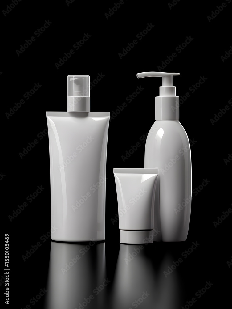 white cosmetic bottles on dark background. front view. package for product design, mockup white cosmetic bottles on dark background. front view. package for product design, mockup