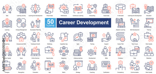 Career Development icon set in dual tone style, featuring 50 icons on training, skill growth, employee success, and career progression. Ideal for HR, education, and professional coaching.