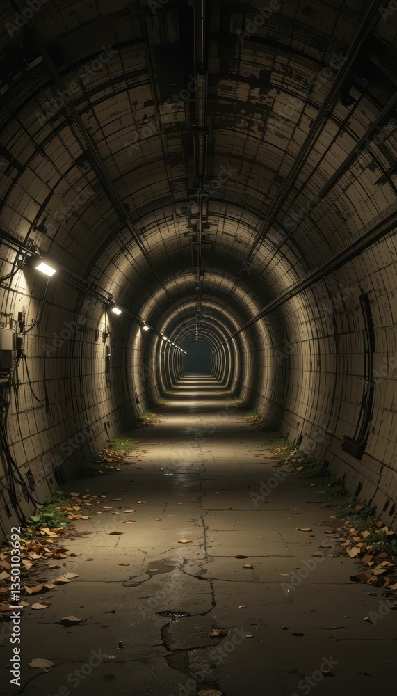 Obraz premium Mysterious Underground Tunnel with Dim Lighting and Leaves