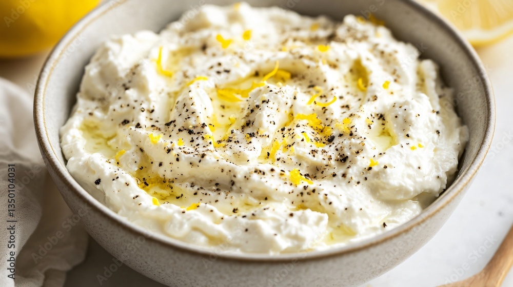 A bowl of creamy ricotta swirled with lemon zest and fresh black pepper, with a wooden spoon resting beside it A bowl of creamy ricotta swirled with lemon zest and fresh black pepper, with a wooden spoon resting beside it