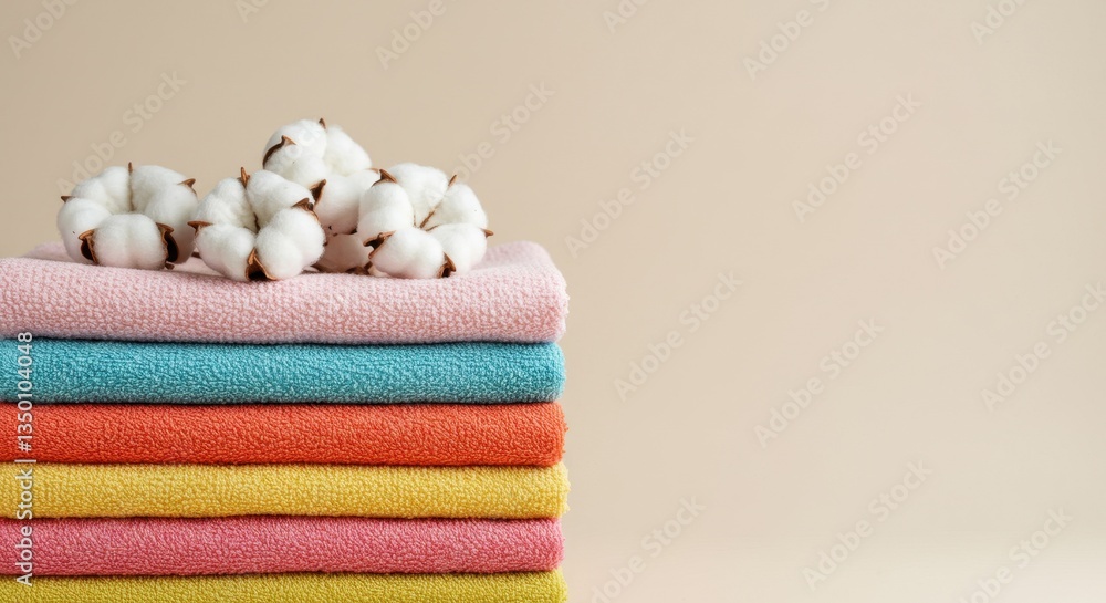 Neatly Stacked Multicolored Towels with Cotton Flowers Neatly Stacked Multicolored Towels with Cotton Flowers