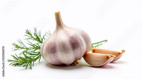 Fresh Garlic Bulb with Dill – Isolated on White