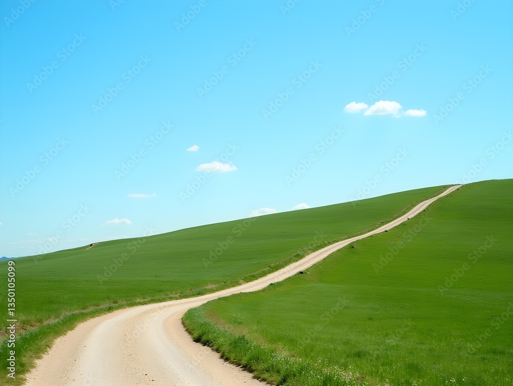 Unpaved roads winding through green fields under a bright blue sky. Unpaved roads winding through green fields under a bright blue sky.