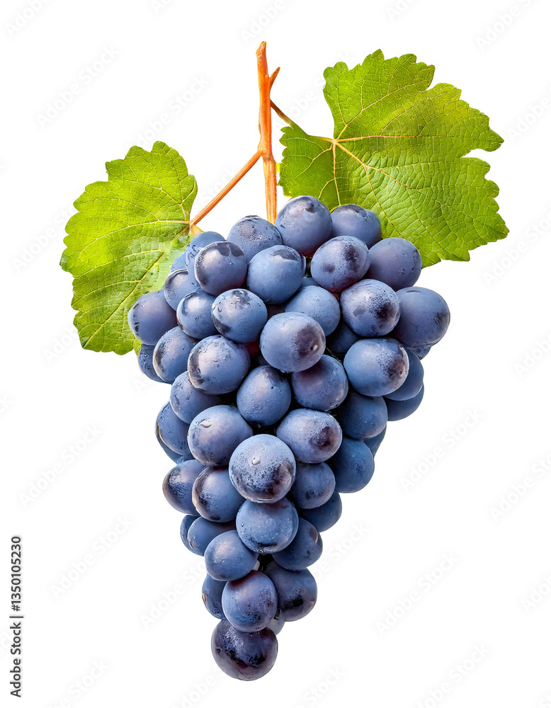Fototapeta premium Juicy Grape Cluster: A vibrant cluster of ripe, dark-purple grapes hangs, showcasing their freshness with attached green leaves in exquisite detail.