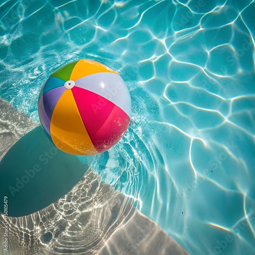 Top-down view of a colorful beach ball floating in a swimming pool