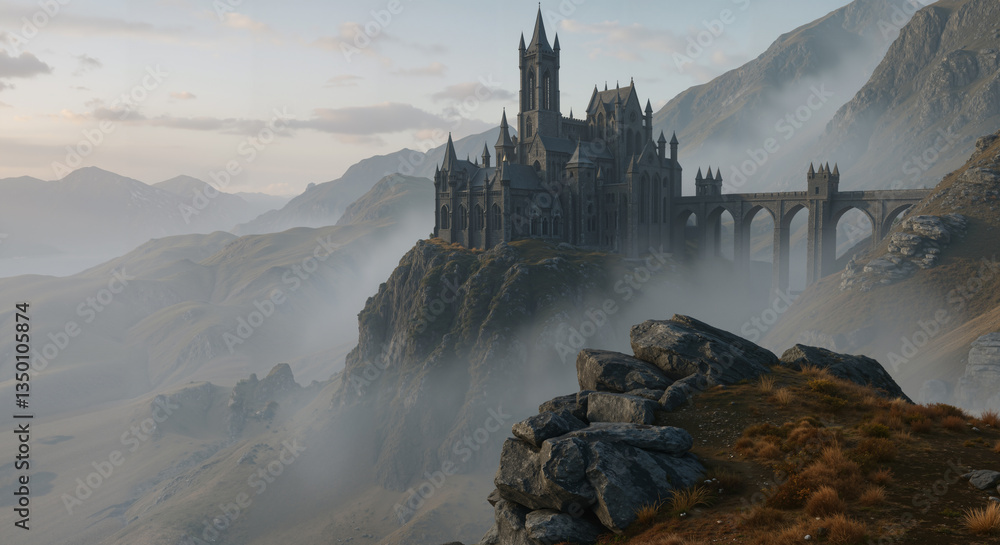 Fototapeta premium Panoramic view of the mountains and fairytale castle on top of rocky cliffs overlooking the valley below