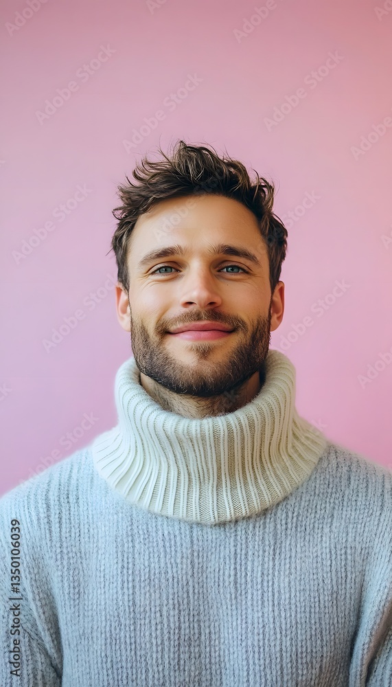 Obraz premium Portrait of a blissful man in his 30s wearing a thermal fleece pullover over pastel background