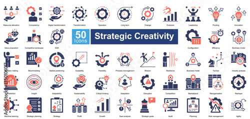 Strategic Creativity icon set in mixed style, featuring 50 icons on innovation, leadership, adaptability, and business transformation. Ideal for strategy planning, market analysis, and growth.
