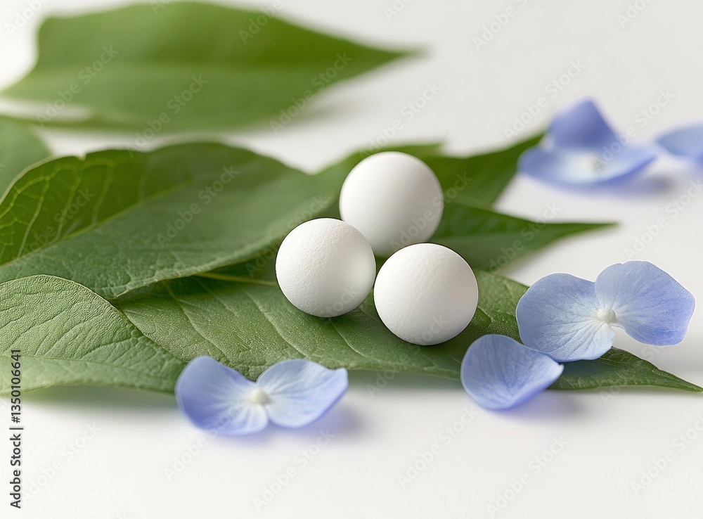 Three White Spheres on Green Leaves with Scattered Blue Petals Three White Spheres on Green Leaves with Scattered Blue Petals