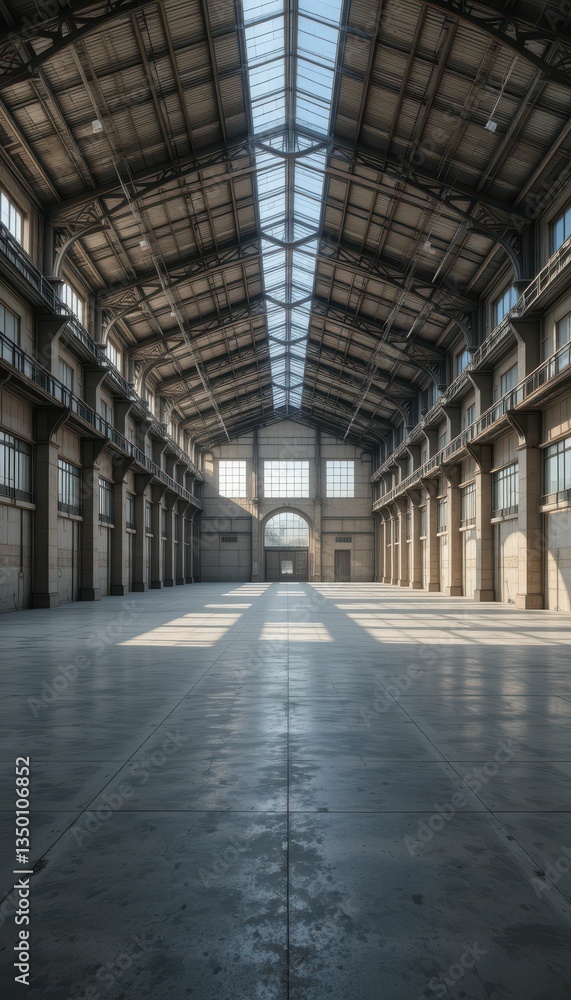 Fototapeta premium Expansive Industrial Hall with High Ceiling and Natural Light Flow