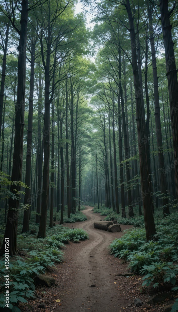 Fototapeta premium Serene Path Through Lush Green Forest with Tall Trees and Soft Light
