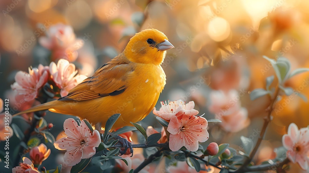 A vibrant yellow bird perched on blooming pink flowers during a serene sunset in a garden A vibrant yellow bird perched on blooming pink flowers during a serene sunset in a garden