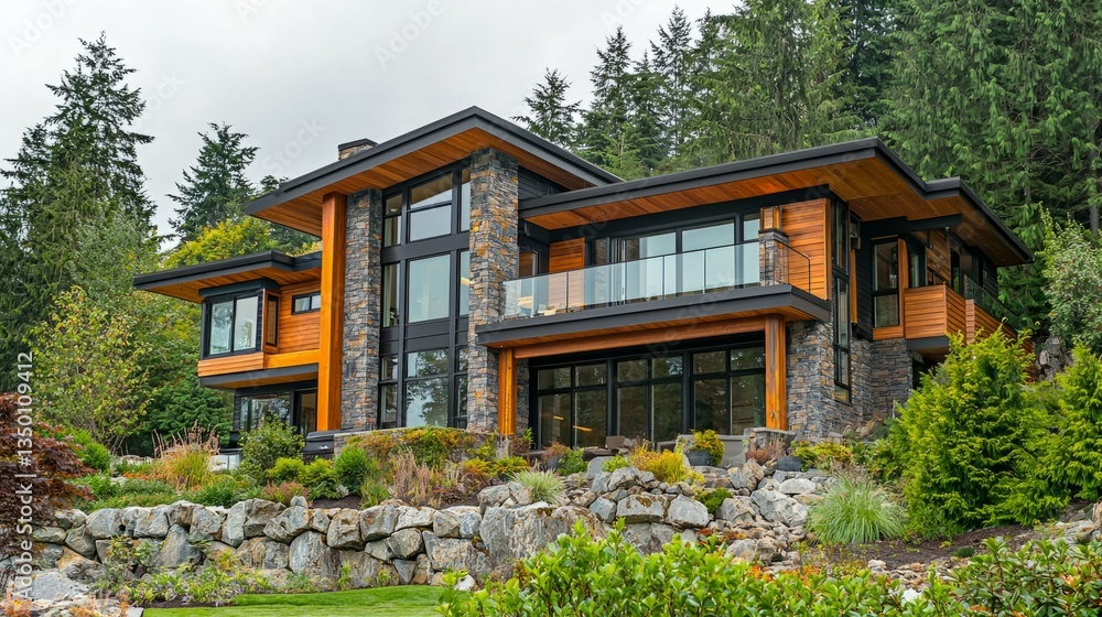 Modern House with Stone and Wood Facade Surrounded by Nature Modern House with Stone and Wood Facade Surrounded by Nature