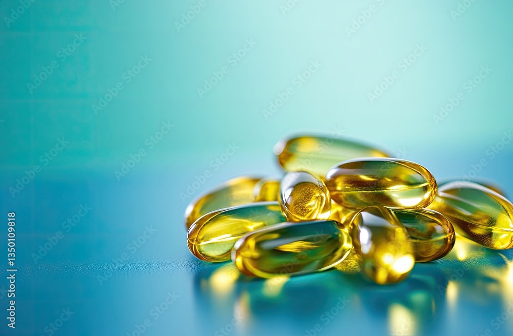 Pile of yellow fish oil capsules on a blue background Pile of yellow fish oil capsules on a blue background