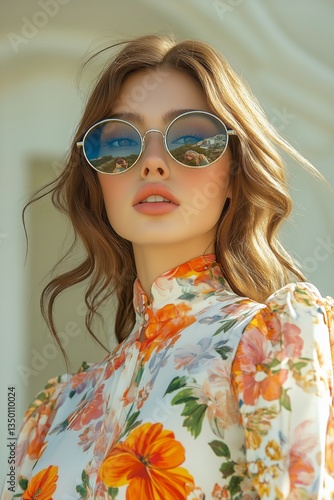 Young Woman Wearing Stylish Sunglasses With Floral Blouse at Outdoor Location...