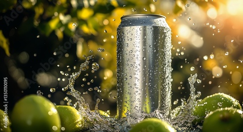 Refreshing Beverage Can Surrounded by Water Splashes and Green Apples in Brig...