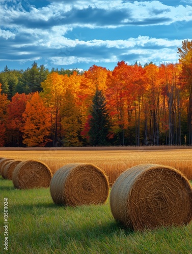 Colorful Autumn Landscape With Hay Bales and Vibrant Foliage in a Rural Setting
