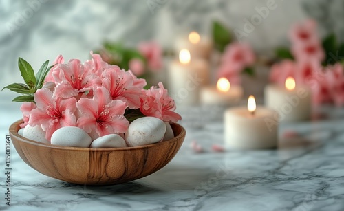 Decorative Bowl With Pink Flowers and Lit Candles on Marble Surface