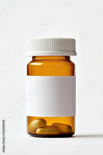 Amber pill bottle with blank label against white background