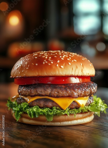 Juicy Cheeseburger With Fresh Toppings on a Rustic Wooden Table