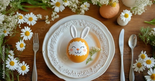 Delightful Easter Setup With Bunny-Shaped Egg Surrounded by Flowers on Elegan...