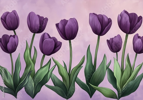Purple Tulips Arranged Beautifully Against a Soft Pink Background in a Floral...
