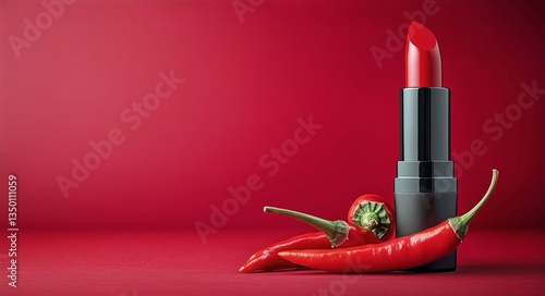Bold Red Lipstick Next to a Fresh Chili Pepper on a Vibrant Red Background