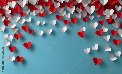 Colorful Paper Hearts in Red and White Hanging Against a Blue Background for ...