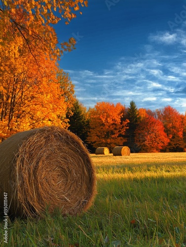 Colorful Autumn Landscape With Hay Bales and Vibrant Foliage in a Rural Setting