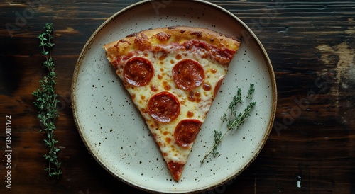 Delicious Pepperoni Pizza Slice on a Rustic Wooden Table With Fresh Herbs