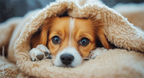 Cozy Puppy Snuggled up in Soft Blanket at Home During Chilly Afternoon