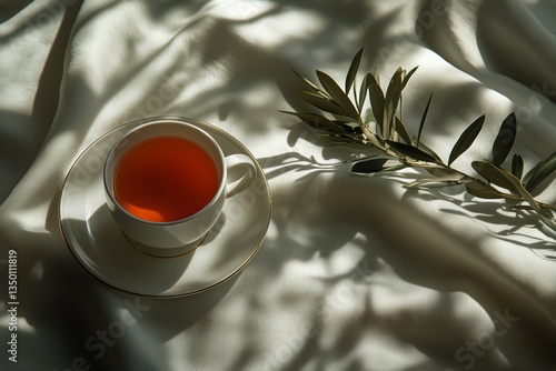 Warm Cup of Tea Placed on a Light Fabric Surface With Olive Branch in Soft Su...