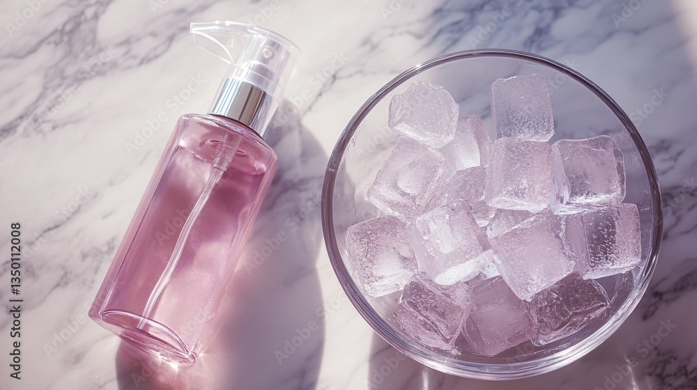 A hydrating setting spray bottle placed beside a small bowl of clear ice cubes on a marble surface. A hydrating setting spray bottle placed beside a small bowl of clear ice cubes on a marble surface.