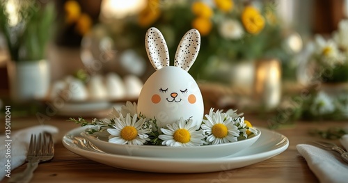 Delightful Easter Setup With Bunny-Shaped Egg Surrounded by Flowers on Elegan...