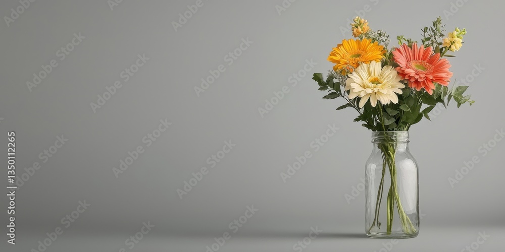 Fototapeta premium Colorful Gerbera Daisy Bouquet in Clear Glass Vase on Gray Background