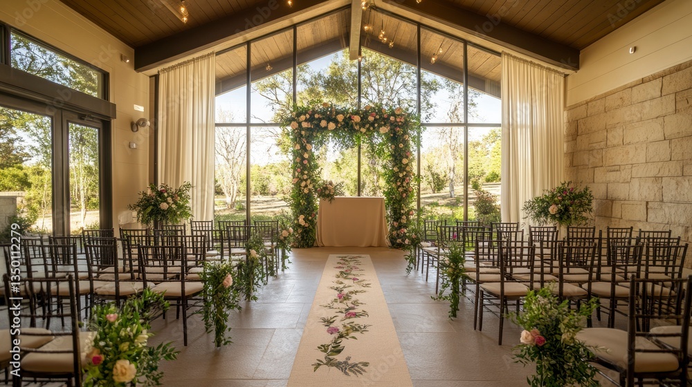 Fototapeta premium Elegant wedding ceremony setup in a modern glass-walled venue with floral arrangements, aisle runner, and wooden chairs.