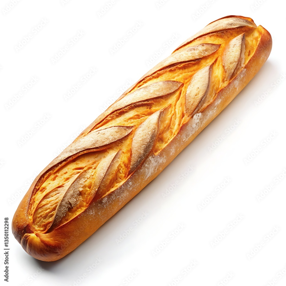 A golden-brown artisan baguette, its crust delicately scored with leaf-like patterns, rests invitingly on a pristine white background, promising a taste of freshly baked bread. A golden-brown artisan baguette, its crust delicately scored with leaf-like patterns, rests invitingly on a pristine white background, promising a taste of freshly baked bread.