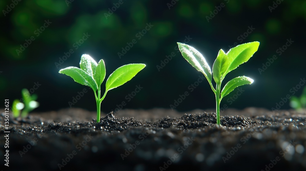Fototapeta premium Two young plants emerging from soil, bathed in sunlight
