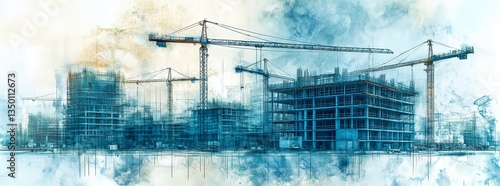Urban Construction Site With Cranes and Buildings Under Development at Dusk
