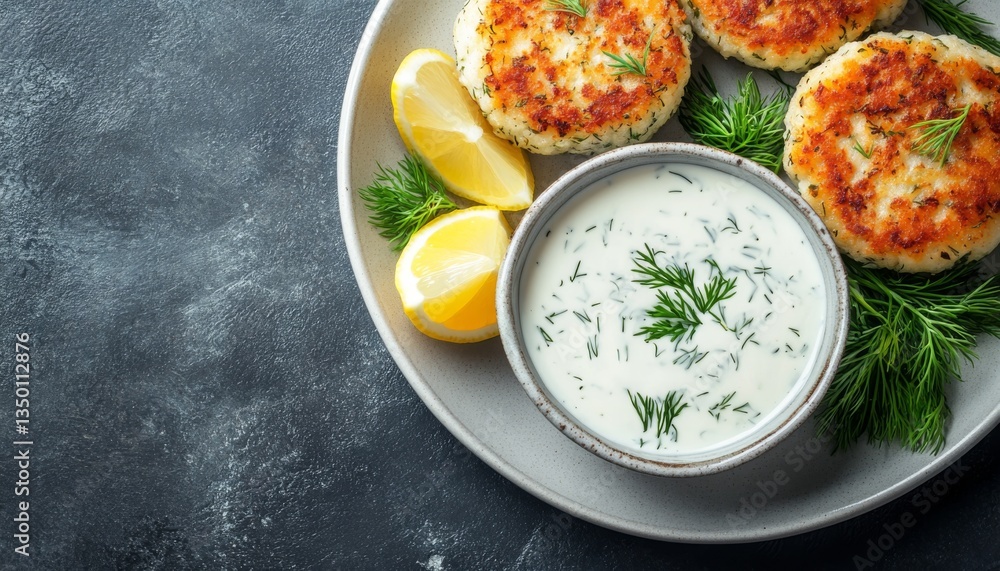 Close-up of Homemade Thai Fish Cakes With Dill And Lemon Served on a Plate Close-up of Homemade Thai Fish Cakes With Dill And Lemon Served on a Plate
