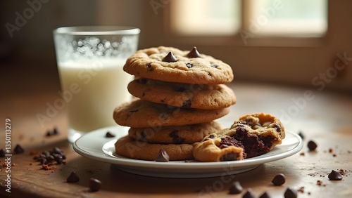 Wallpaper Mural Warm chocolate chip cookies with a glass of milk on a wooden table Torontodigital.ca