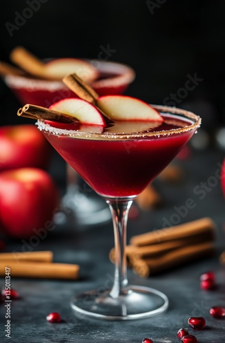 Elegant Red Cocktail With Apple and Cinnamon Garnish on Dark Background