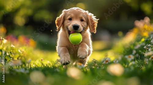 Happy Golden Retriever Puppy Runs Joyfully With a Tennis Ball on a Sunny Afte...