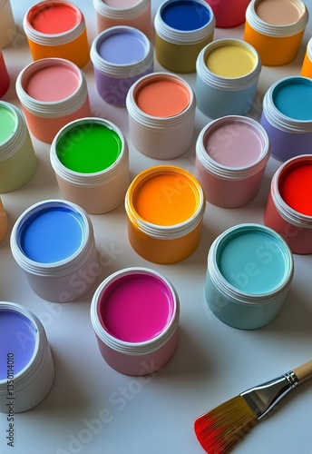 Colorful Paint Containers Arranged Neatly for Creative Projects in a Bright W...