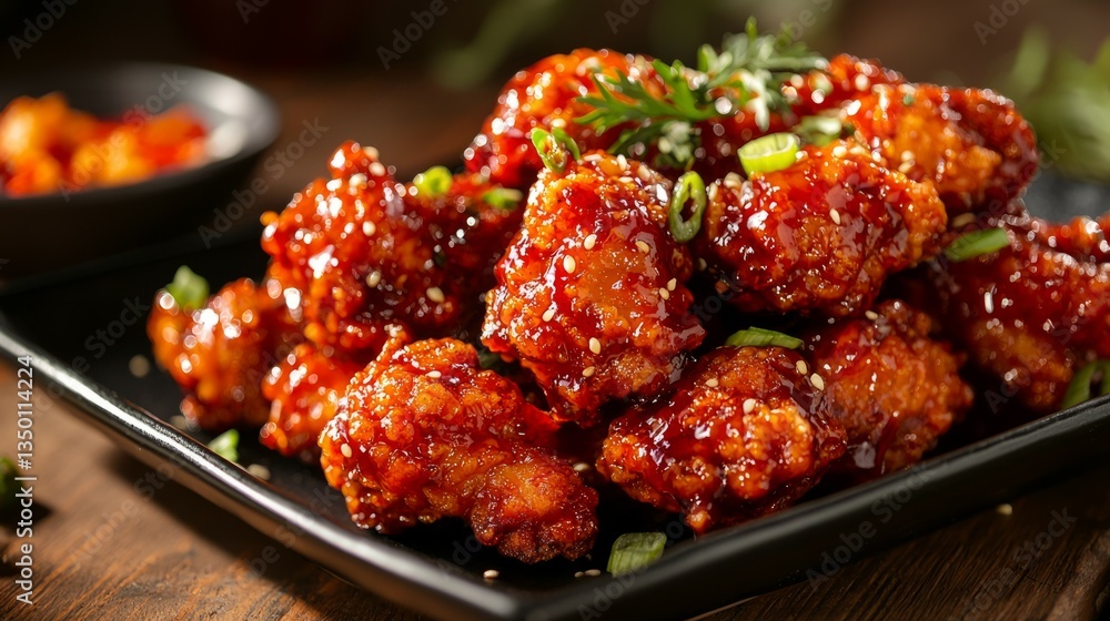Delicious Spicy Chicken Wings with Sauce and Garnish on Plate Delicious Spicy Chicken Wings with Sauce and Garnish on Plate