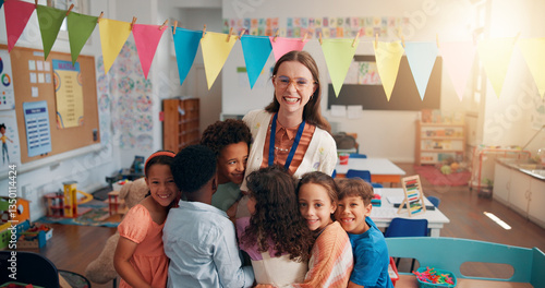 Fotografia Happy, portrait and children hugging teacher in classroom for bonding, learning and thank you