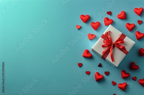Creative Gift Arrangement With Red Hearts on a Blue Background for Special Oc...