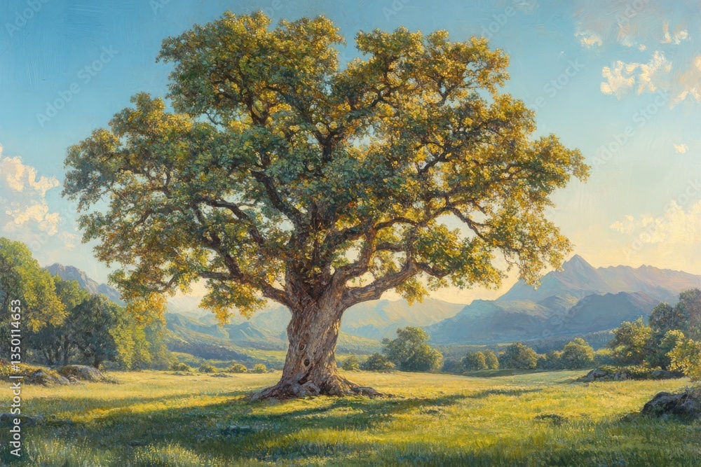 An ancient oak tree stands sentinel, a silent guardian of the sun-drenched valley, its branches reaching towards a serene sky painted with soft light and gentle shadows. An ancient oak tree stands sentinel, a silent guardian of the sun-drenched valley, its branches reaching towards a serene sky painted with soft light and gentle shadows.