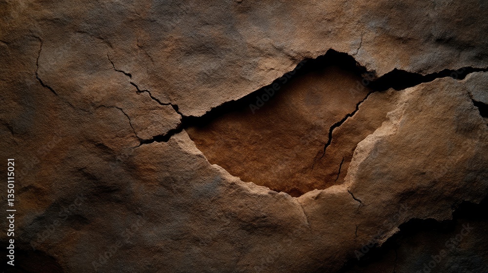 Fototapeta premium Cracked, textured, earthy surface with a hole. Detailed, deep fissures and rich tones