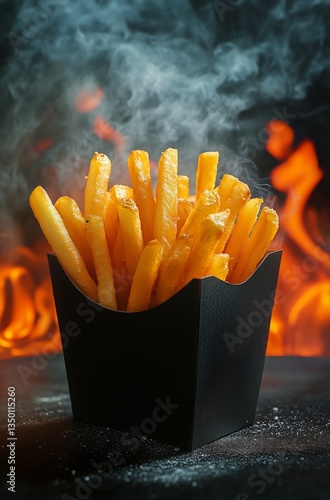 Golden Crispy Fries Served in a Black Container With Flames in the Background